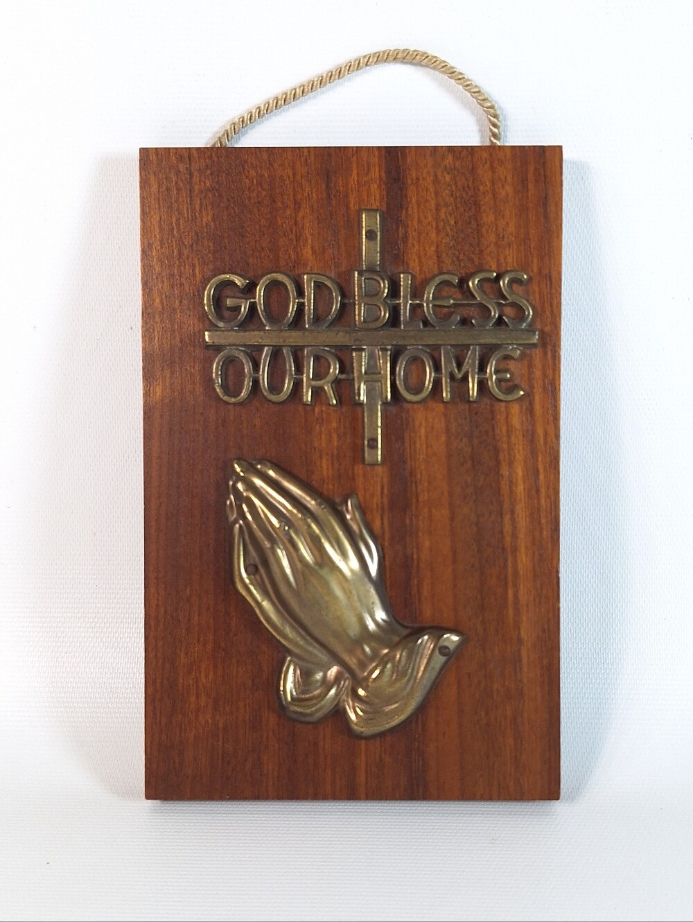 Vintage Mid-Century Brass Praying Hands Wall Plaque "God Bless Our Home" Wood